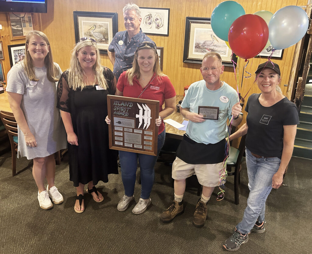 Pictured from left are the Island Spirit committee: Kimberly Ray, Samantha Fender, Steve Jones, Marie Parrish, Stephen and Molly Cooley. Each month, committee members review nominations and select winners.