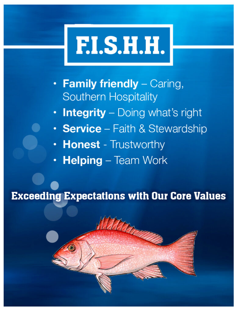 FISH Family friendly, Integrity, Service, Honest and Helping